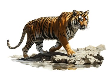 Fototapeta premium A majestic tiger walking on rocks with a white background in a full body side view illustration