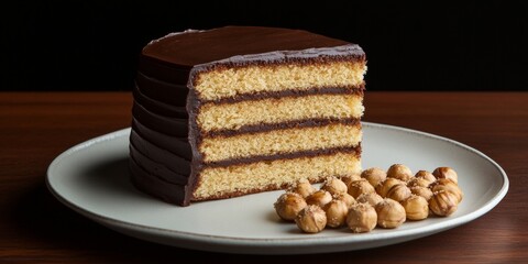 Slice Of Chocolate Hazelnut Cake On White Plate With Crushed Hazelnuts, Dark Chocolate Frosting