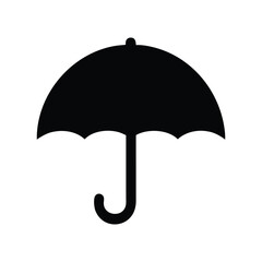 A solid black silhouette of an umbrella, suitable for use as an icon, logo, or graphic element.