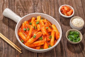 Tteokbokki is a Korean dish of rice flour cooked in spicy and sweet gochujang seasoning