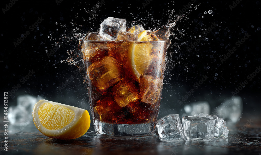 Poster refreshing cola drink with lemon and ice cubes creating a splash on a dark background close up shot