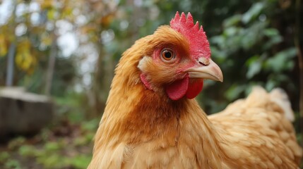 Close-up of a Chicken's Head with Bright Comb and Feathers