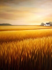 Obraz premium Golden wheat field under a warm sunset with a distant farmhouse and serene landscape