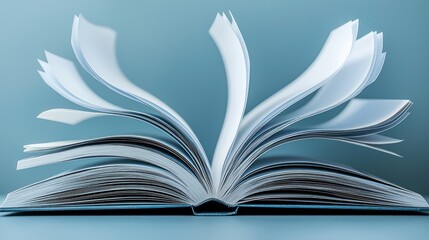 Open book, pages flying, against a blue backdrop
