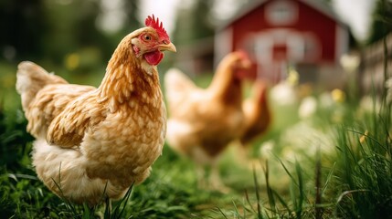 Close-up of a friendly chicken outdoors with a farm background
