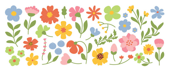 Collection of spring colorful flower elements vector. Set floral of wildflower, leaf branch, foliage on white background. Hand drawn blossom illustration for decor, easter, thanksgiving, clipart.