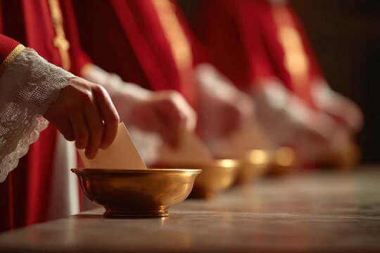 Cardinals casting secret ballots into ornate golden urn during solemn Vatican papal conclave voting ceremony, Selective Focus..
