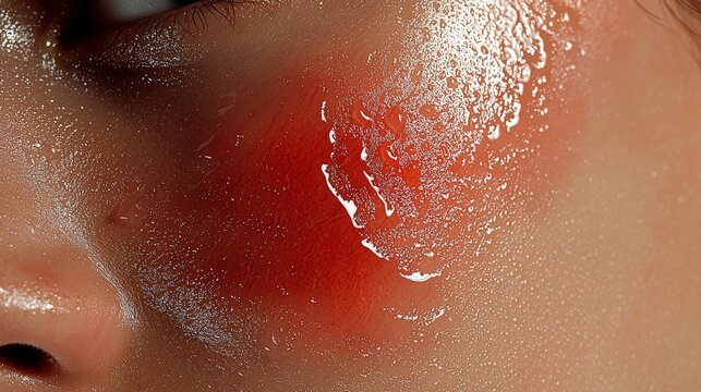Close-up shot shows extreme heat on a woman's face causing profuse sweating and flushed, reddened skin, highlighting the body's reaction to high temperatures.