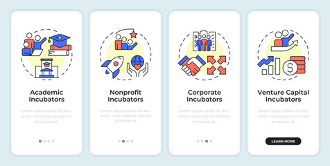 Obraz premium Startup incubators onboarding mobile app screen. Academic, nonprofit. Walkthrough 4 steps editable graphic instructions with linear concepts. UI, UX, GUI. Montserrat SemiBold, Regular fonts used