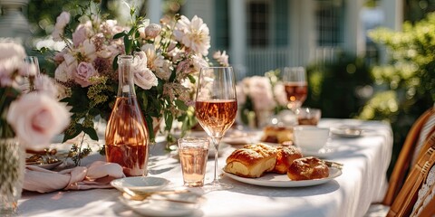 Elegant outdoor brunch setting with rose wine, fresh pastries, and floral centerpieces on a white tablecloth. 