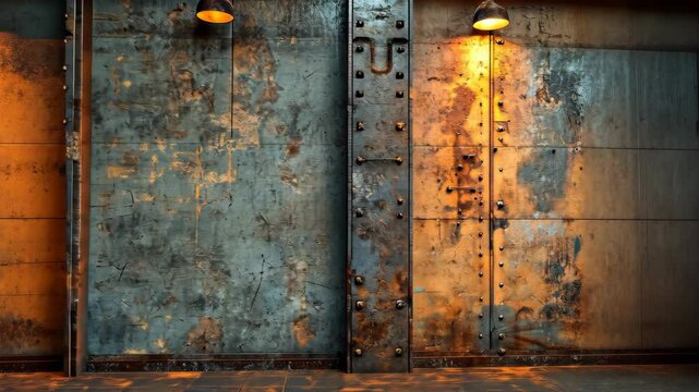 Rusted metal wall with industrial lighting