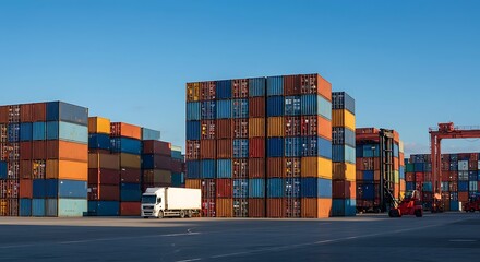 Colorful Shipping Containers Stacked High with a White Truck and Forklift in a Port
