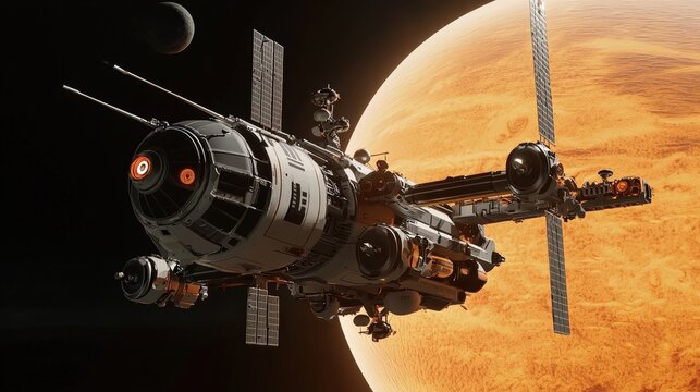 A detailed 3D rende displays a futuristic spaceship orbiting a large orange planet with another moon in the background in the dark vastness of space.