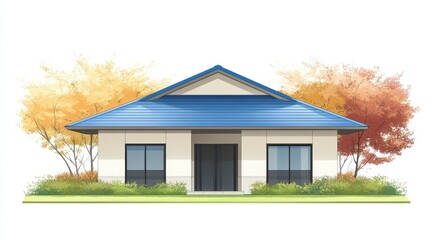 Ranch-style house with blue roof, flanked by autumnal trees, situated on a grassy lawn