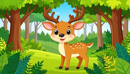 A cheerful fawn stands in a lush forest scene.