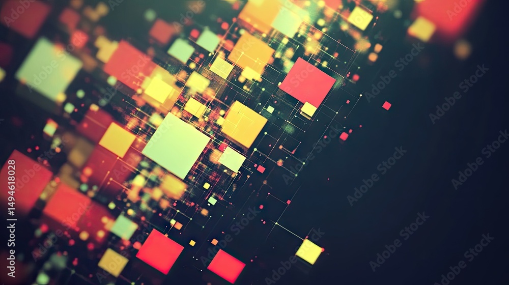 Poster abstract digital graphic design with colorful squares and lines.