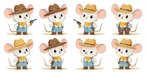 Cute Cartoon Mouse Cowboy Characters in Various Poses and Outfits Isolated on Transparent Background for Children's Illustration.