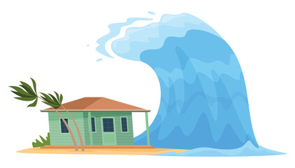 An illustration of a coastal home being hit by a massive tsunami wave, highlighting the destructive power of natural disasters.