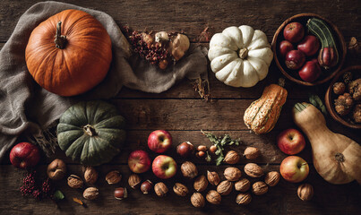 Autumnal harvest still life featuring pumpkins apples and nuts on a rustic wooden surface top down view