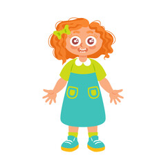 This charming vector illustration features a cheerful girl with curly red hair, dressed in a turquoise dress. Her joyful expression and playful pose evoke a sense of happiness and carefree spirit.
