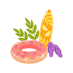 vector illustration captures the essence of summer fun with surfboard, colorful flip-flops, a donut-shaped life ring, and tropical palm fronds, evoking a vibrant beach lifestyle and leisure activities