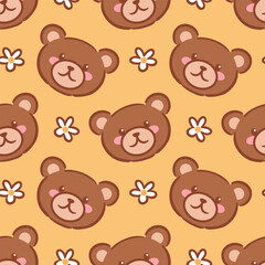seamless pattern featuring adorable kawaii bear faces on a warm yellow background adorned with daisies. playful design brings a sense of joy and warmth, perfect for products aimed at children themes.