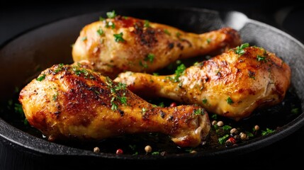 Delicious roasted chicken drumsticks garnished with herbs in a skillet