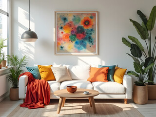 A modern living room interior features a comfortable sofa, stylish furniture, and contemporary design elements for a welcoming home living space