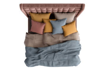 A stylish bed with colorful pillows and blankets on a chic headboard, perfect for interior decor inspiration.