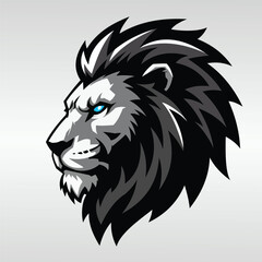 Stylized illustration of a lion's head, featuring bold black and white contrasts.