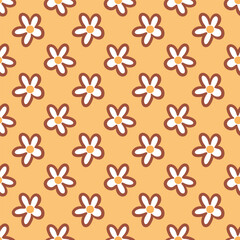 A vibrant orange background adorned with a repeating pattern of white daisies with brown outlines and yellow centers, creating a cheerful and playful design.
