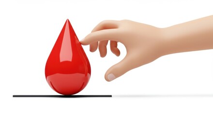 Fototapeta premium A Hand Gently Approaches a Single Red Blood Drop: A 3D Render of Blood Donation and Healthcare