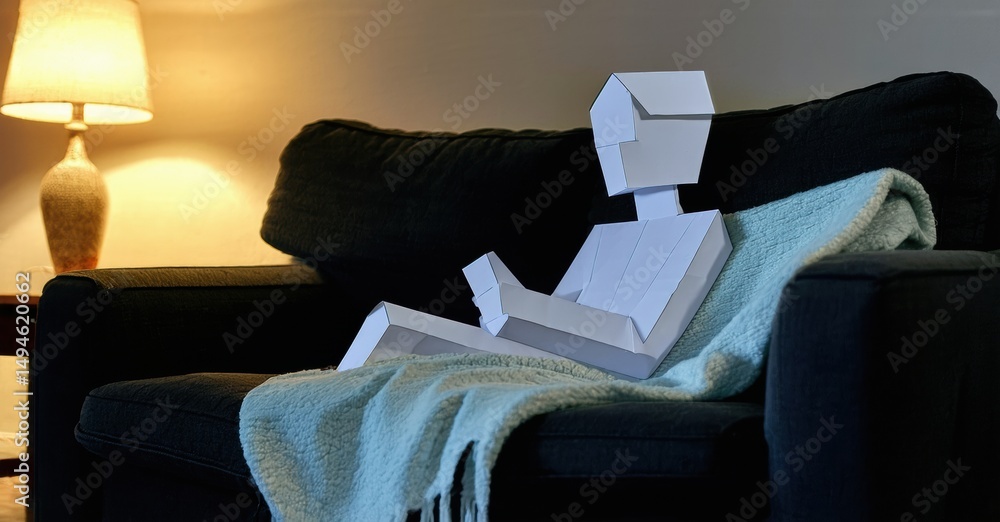 Poster abstract figure rests upon dark sofa. lamp provides warm illumination. blanket drapes casually, crea
