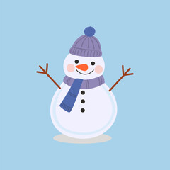 Cute snowman with a cheerful expression vector illustration. Wearing a knit hat, scarf, with stick arms and a smiling face.