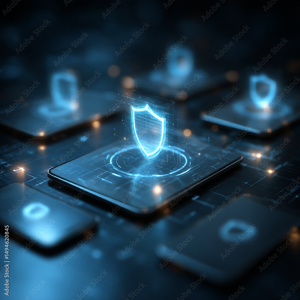 Poster glowing shield icons on multiple devices representing network security and data protection concept