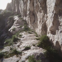 Obraz premium Sunlit, weathered stone wall with sparse, verdant ground cover at its base, showing texture and erosion