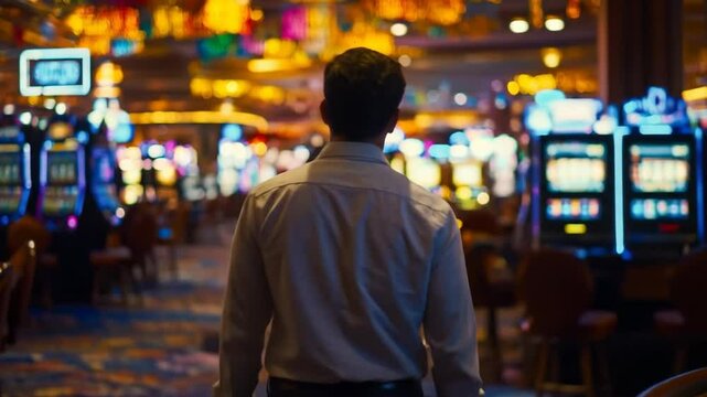Man walking through vibrant casino amidst blinking slot machines and tables