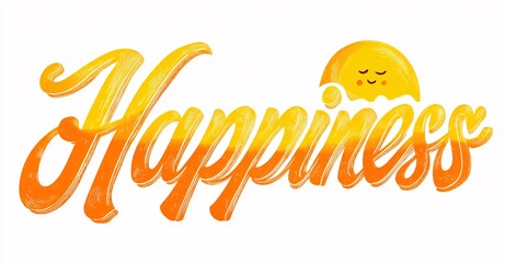 Happiness in cursive with a happy face sun, isolated on white, reflecting cheerful energy.