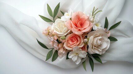 A beautiful arrangement of delicate roses, white blossoms, and lush greenery rests gracefully upon soft, flowing fabric, creating an elegant and serene composition.