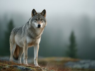 Obraz premium Solitary wolf on foggy hill as metaphor for ecosystem balance, calm atmosphere, nature symbolism, environmental awareness, rewilding concept, Selective Focus..