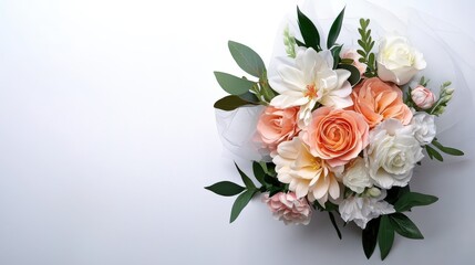 Fototapeta premium A delicate bridal bouquet of peach and white roses with lush greenery, artfully arranged and isolated against a bright white background creating soft contrast.