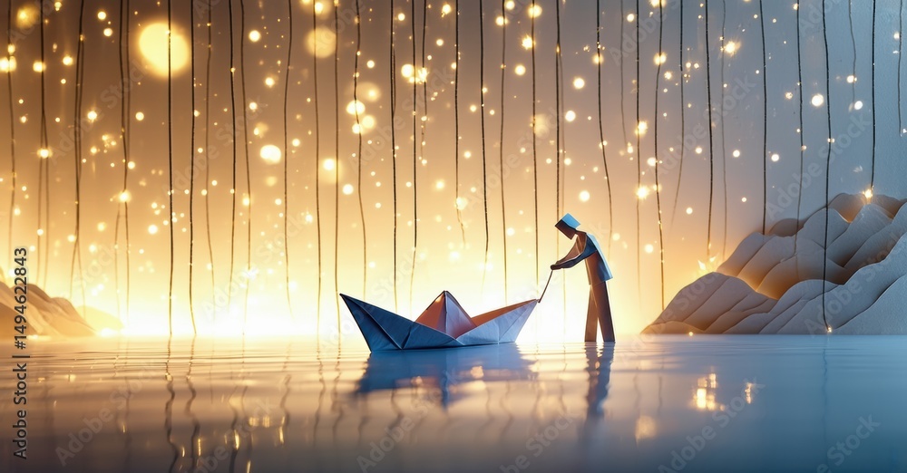 Poster minimalist scene depicts figure near paper boat. water reflects light, creating dreamy atmosphere. m