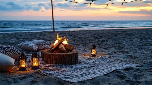 Cozy bonfire burning brightly on a serene beach under the soft glow of st lights at dusk, with pillows and lanterns creating a peaceful and inviting scene.
