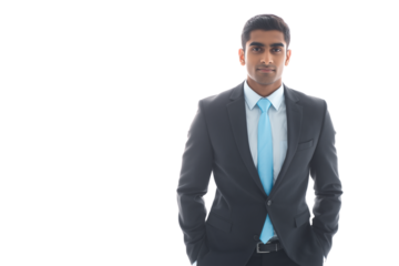 Confident businessman in formal suit with light blue tie, standing with arms crossed, Isolated on transparent Background