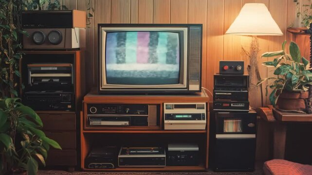 Vintage tv static in retro living room with flickering lamp and houseplants