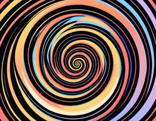 Naklejka premium Vibrant colorful spiral swirl pattern with dynamic motion illusion. Abstract psychedelic background in pastel rainbow tones, ideal for retro designs, posters, and visual effects projects.