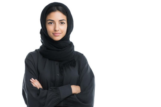Confident woman in a black hijab, arms crossed, smiling with self-assurance, Isolated on transparent Background