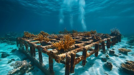 Naklejka premium Underwater wide shot of coral restoration structure with new corals growing and marine life returning Coral Restoration and Marine Science Underwater Ecosystems and Biodiversity