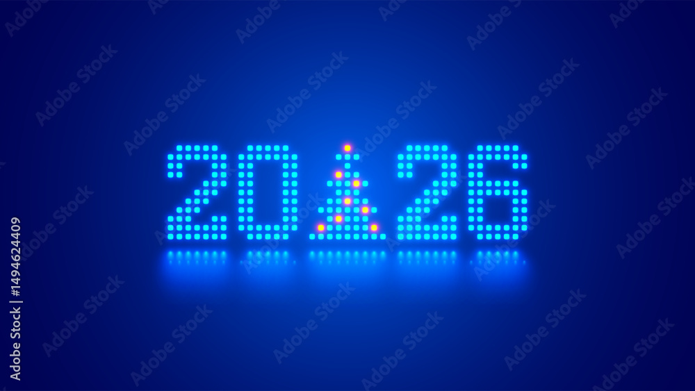 Aufkleber 2026 digits, Christmas tree consist glowing pixels in technology style on blue background. New Year card or digital tech calendar poster. Logo of 2026 year hanging over reflection polished surface.