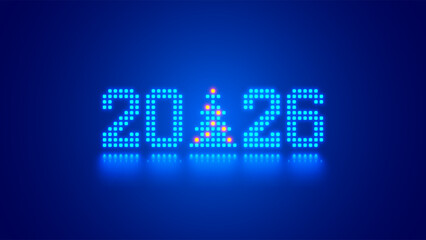 2026 digits, Christmas tree consist glowing pixels in technology style on blue background. New Year card or digital tech calendar poster. Logo of 2026 year hanging over reflection polished surface.